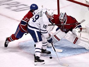 Montreal Canadiens goaltender Jake Allen makes a save on Maple Leafs centre Jason Spezza last night. USA TODAY Sports