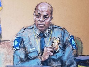 In this courtroom sketch, Minneapolis Police Chief Medaria Arradondo answers questions on the sixth day of the trial of former Minneapolis police officer Derek Chauvin for second-degree murder, third-degree murder and second-degree manslaughter in the death of George Floyd in Minneapolis, Monday, April 5, 2021.