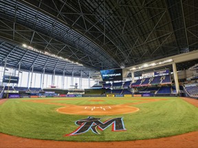 A general view of the loanDepot logo on the scoreboards during a press conference to the media to announce loanDepot as the exclusive naming rights partner for loanDepot Park, formerly known as Marlins Park on March 31, 2021 in Miami, Fla.