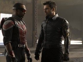 Anthony Mackie and Sebastian Stan in a scene from The Falcon and the Winter Soldier.