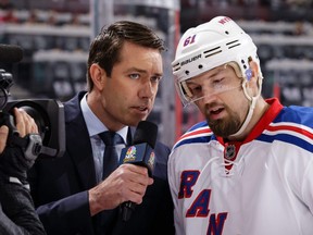 Rick Nash of the New York Rangers is interviewed by Brian Boucher, colour analyst for NBC Sports prior to a game against the Ottawa Senators during the 2017 NHL Stanley Cup Playoffs at Canadian Tire Centre in Ottawa, April 29, 2017.