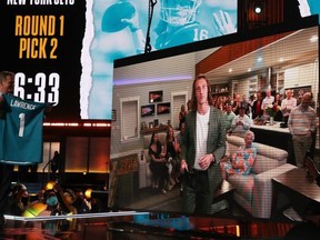 NFL commissioner Roger Goodell announces the Jacksonville Jaguars’ selection of quarterback Trevor Lawrence with the first pick of the 2021 NFL draft at the Great Lakes Science Center in Cleveland, Ohio, last night. Getty Images