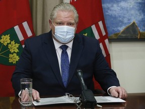 Ontario Premier Doug Ford speaks about Health Canada approving the AstraZeneca COVID vaccine at Queen's Park, Feb. 26, 2021.