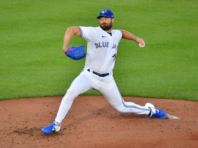 Blue Jays starting pitcher Robbie Ray delivers a pitch to the New York Yankees in the second inning at TD Ballpark on April 12, 2021 in Dunedin, Fla.