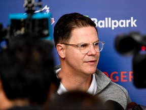 Toronto Blue Jays general manager Ross Atkins is interviewed during spring training at Spectrum Field in Dunedin, Fla., Feb. 14, 2020.
