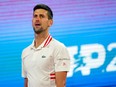 Serbias Novak Djokovic reacts during his ATP 250 Serbia Open semi-final singles tennis match against Russia's Aslan Karatsev at The Novak Tennis Centre in Belgrade on April 24, 2021.