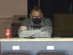 Calgary Flames general manager Brad Treliving watches practice during training camp at the Saddledome in Calgary on Thursday, July 16, 2020.
