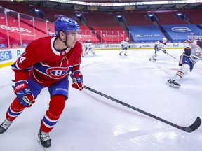 Canadiens centre Nick Suzuki in action during second period of Monday night’s game against the Edmonton Oilers at the Bell Centre. The Canadiens clinched a playoff spot with the point from a 4-3 loss in overtime.