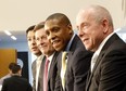 Toronto Raptors president Masai Ujiri (second from right) and MLSE CEO Larry Tanenbaum (right).