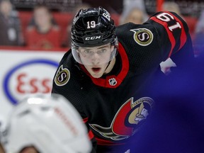 Ottawa Senators right wing Drake Batherson eyes the face-off against the Vancouver Canucks during first period NHL action at the Canadian Tire Centre, April 28, 2021.