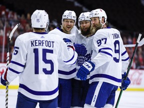 The Leafs’ second power-play unit celebrates Jake Muzzin’s goal on Wednesday in Ottawa, just the team’s sixth with the man advantage in 71 tries since March 3.