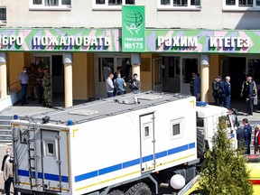 A police truck is seen at the scene of a shooting at School No. 175 in Kazan, the capital of Russia's republic of Tatarstan, on May 11, 2021.