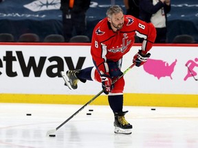 Capitals captain Alex Ovechkin warms up before Game 5 of the 2021 Stanley Cup Playoffs against the Bruins at Capital One Arena in Washington, D.C., Sunday, May 23, 2021.