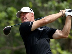 Alex Cejka of Germany plays his shot from the 13th tee during the Final Round of the Senior PGA Championship at Southern Hills Country Club on May 30, 2021 in Tulsa, Okla.