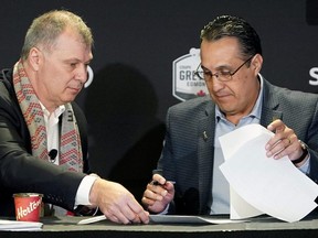 CFL commissioner Randy Ambrosie (left) and Oscar Perez, CEO of the Liga de Futbol Americano Profesional, (LFA). LARRY WONG/POSTMEDIA NETWORK