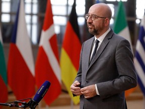 European Council President Charles Michel gives a press briefing ahead of a Special EU summit in Brussels, on Monday, May 24, 2021. EU leaders will discuss foreign policy issues among them strategic debate on Russia and the incident involving the forced landing of a Ryanair flight in Minsk, Belarus.