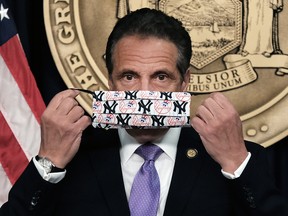 New York Governor Andrew Cuomo speaks to the media at a news conference in Manhattan on May 5, 2021 in New York City.