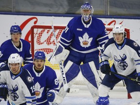 Toronto Marlies goalie Frederik Andersen G (31) looks through traffic on a penalty kill during first period action in Toronto on Thursday May 6, 2021. Jack Boland/Toronto Sun/Postmedia Network