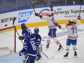 Canadiens forward Corey Perry celebrates after scoring against the Maple Leafs in Game 7 of their first-round series at Scotiabank Arena in Toronto, Monday, May 31, 2021.