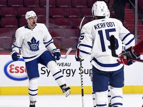Toronto Maple Leafs forward Jason Spezza (19) reacts after scoring a goal against the Montreal Canadiens during the third period in game six May 29, 2021 at the Bell Centre.