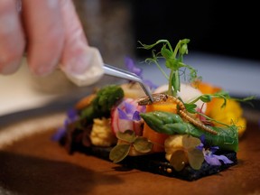 French chef Laurent Veyet puts a cricket on a dish in his restaurant Inoveat in Paris, France, May 12, 2021.