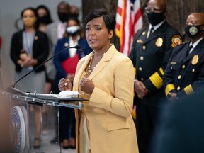 Atlanta Mayor Keisha Lance Bottoms announces that she will not seek reelection at a press conference at City Hall on May 7, 2021 in Atlanta, Ga.
