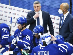Maple Leafs Sheldon Keefe on the bench during the second period in Toronto on Thursday April 29, 2021.