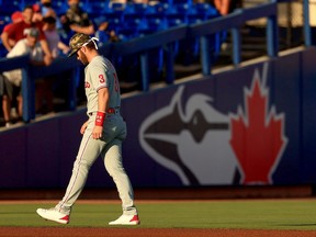 Bryce Harper of the Philadelphia Phillies looks on during a game against the Toronto Blue Jays at TD Ballpark on May 15, 2021 in Dunedin, Fla.