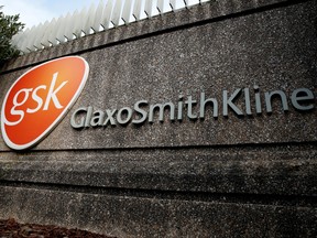 Company logo of pharmaceutical company GlaxoSmithKline is seen at their Stevenage facility, Britain, Oct. 26, 2020.