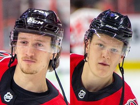 Thomas Chabot, left, and Brady Tkachuk of the Ottawa Senators.