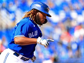 Blue Jays' Vladimir Guerrero Jr. rounds the bases after a solo home run in the eighth inning against the Philadelphia Phillies at TD Ballpark on May 16, 2021 in Dunedin, Fla.
