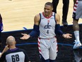 Washington Wizards guard Russell Westbrook (4) argues a call with referee Jacyn Goble (68) during the fourth quarter of game two against the Philadelphia 76ers in the first round of the 2021 NBA Playoffs at Wells Fargo Center.