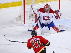 Calgary Flames forward Johnny Gaudreau scores on Montreal goaltender Cayden Primeau at the Scotiabank Saddledome in Calgary on Saturday, April 24, 2021. Gavin Young/Postmedia