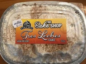 The Tres Leches Cake under the Farm Boy The Bake Shop brand was sold in Ontario, with a best before date of May 12th.