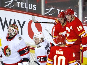 Calgary Flames Matthew Tkachuk scores on Ottawa Senators goalie Anton Forsberg in second period NHL action at the Scotiabank Saddledome in Calgary on Sunday, May 9, 2021. Darren Makowichuk/Postmedia