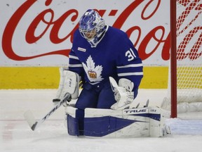 Toronto Marlies goalie Frederik Andersen G (31) stops the first shot of the game during first period action in Toronto on Thursday May 6, 2021.