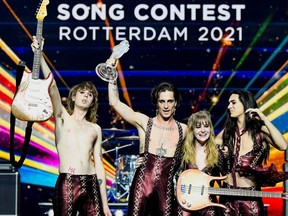 Maneskin of Italy appear on stage after winning the 2021 Eurovision Song Contest in Rotterdam, Netherlands, May 23, 2021.