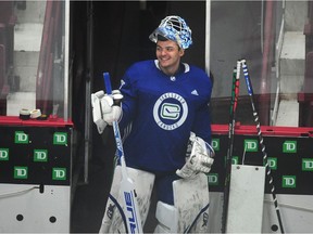 Canucks goalie Michael DiPietro in action during Vancouver Canucks training camp at Rogers Arena in Vancouver, BC., on January 11, 2021.