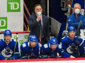 Vancouver Canucks coach Travis Green vs Calgary Flames during NHL action at Rogers Arena in Vancouver, BC, May 18, 2021.