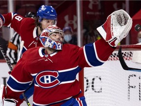 Canadiens goaltender Carey Price can't reach puck as defenceman Ben Chiarot heads to the back of the net during Game 4 against the Jets on Monday. Price will be in the spotlight against Vegas, Pat Hickey writes.