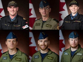 The crew of a C-148 Cyclone helicopter, attached to Royal Canadian Navy frigate HMCS Fredricton, which crashed near Greece are seen in a combination of file photos released April 30, 2020. From top left to right: Sub-Lt. Matthew Pyke, Master Cpl. Matthew Cousins, Sub-Lt. Abbigail Cowbrough. From bottom left to right: Capt. Kevin Hagen, Capt. Maxime Miron-Morin and Capt. Brenden Ian MacDonald.