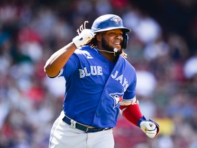 Toronto Blue Jays' Vladimir Guerrero Jr. celebrates after hitting a two-run home run against the Boston Red Sox earlier this month.