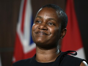 Annamie Paul, leader of the Green Party of Canada, speaks at a news conference on Parliament Hill in Ottawa, on Thursday, June 10, 2021.
