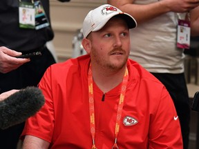 Britt Reid Linebackers coach for the Kansas City Chiefs speaks to the media during the Kansas City Chiefs media availability prior to Super Bowl LIV at the JW Marriott Turnberry on Jan. 29, 2020 in Aventura, Fla.