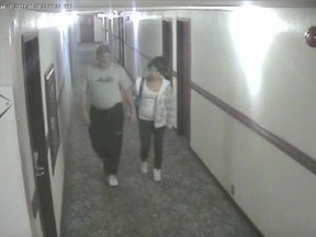 Bradley Barton and Cindy Gladue are shown on surveillance video at the Yellowhead Inn on the first of two nights the two spent together in 2011. Gladue was found dead in Barton's room on June 22, 2011.