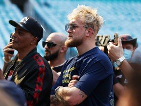 Jake Paul looks on during a media availability for the June 6 fight between Floyd Mayweather and Logan Paul, Jake Paul's brother, at Hard Rock Stadium on May 6, 2021 in Miami Gardens, Fla.