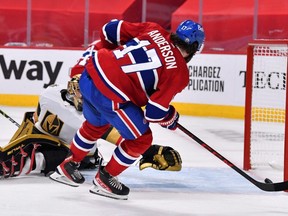 Canadiens forward Josh Anderson scores the game-winning goal past Marc-Andre Fleury of the Golden Knights during the first overtime period in Game 3 of the Stanley Cup Semifinals at the Bell Centre in Montreal, Friday, June 18, 2021.