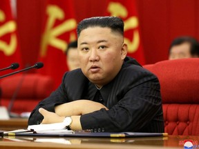 North Korean leader Kim Jong Un speaks during the fourth-day sitting of the 3rd Plenary Meeting of the 8th Central Committee of the Workers' Party of Korea in Pyongyang, North Korea in this image released June 18, 2021 by the country's Korean Central News Agency.