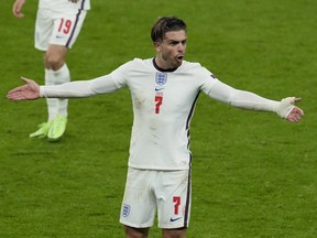 England's Jack Grealish reacts during a Euro 2020 game against Scotland at Wembley Stadium in London on June 18, 2020.
