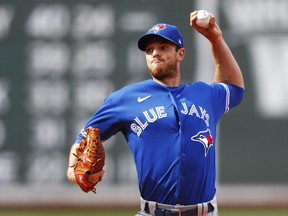 Starting pitcher Steven Matz of the Toronto Blue Jays pitches in the bottom of the first inning of the game against the Boston Red Sox at Fenway Park on June 12, 2021 in Boston, Mass.
